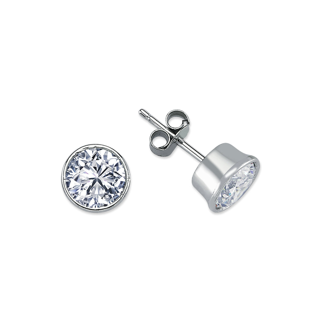 925 Sterling Silver 8mm Rub Over Round Clear Cubic Zirconia Stud Earrings