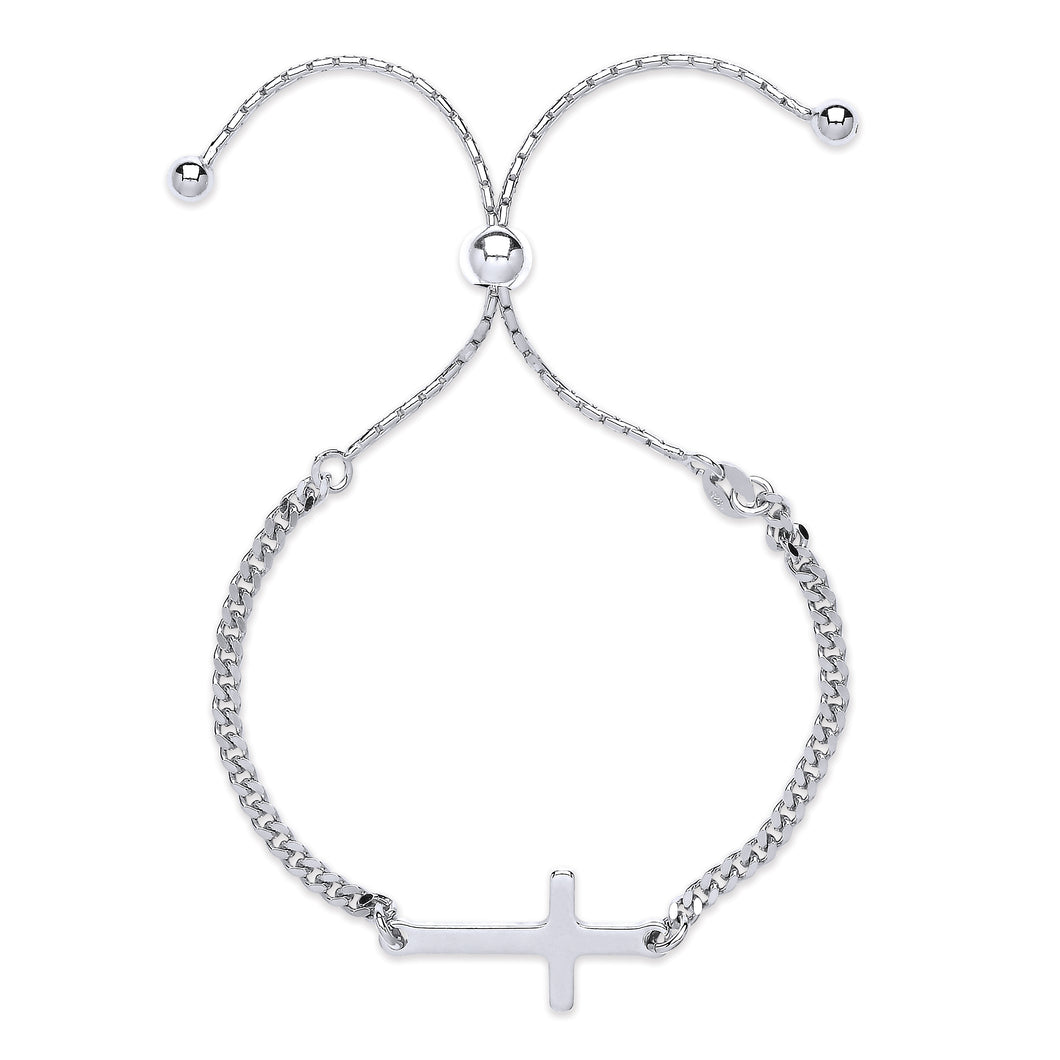 925 Sterling Silver Ladies Plain Cross Adjustable Curb Bracelet
