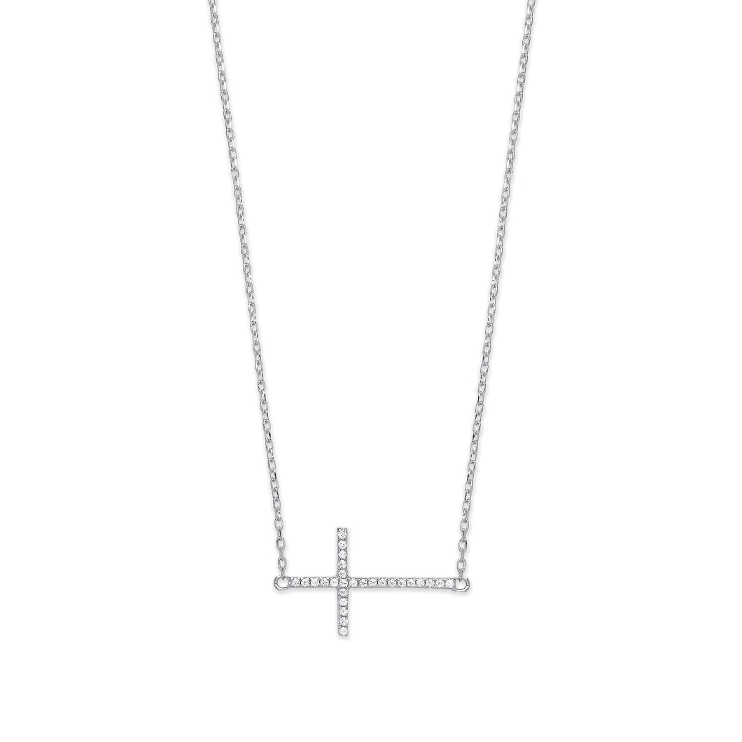 925 Sterling Silver Necklace With Cubic Zirconia Sideways Cross Pendant