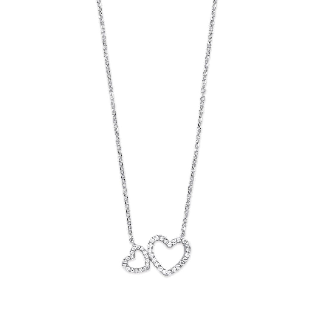 925 Sterling Silver Necklace With Cubic Zirconia Double Open Heart Pendant