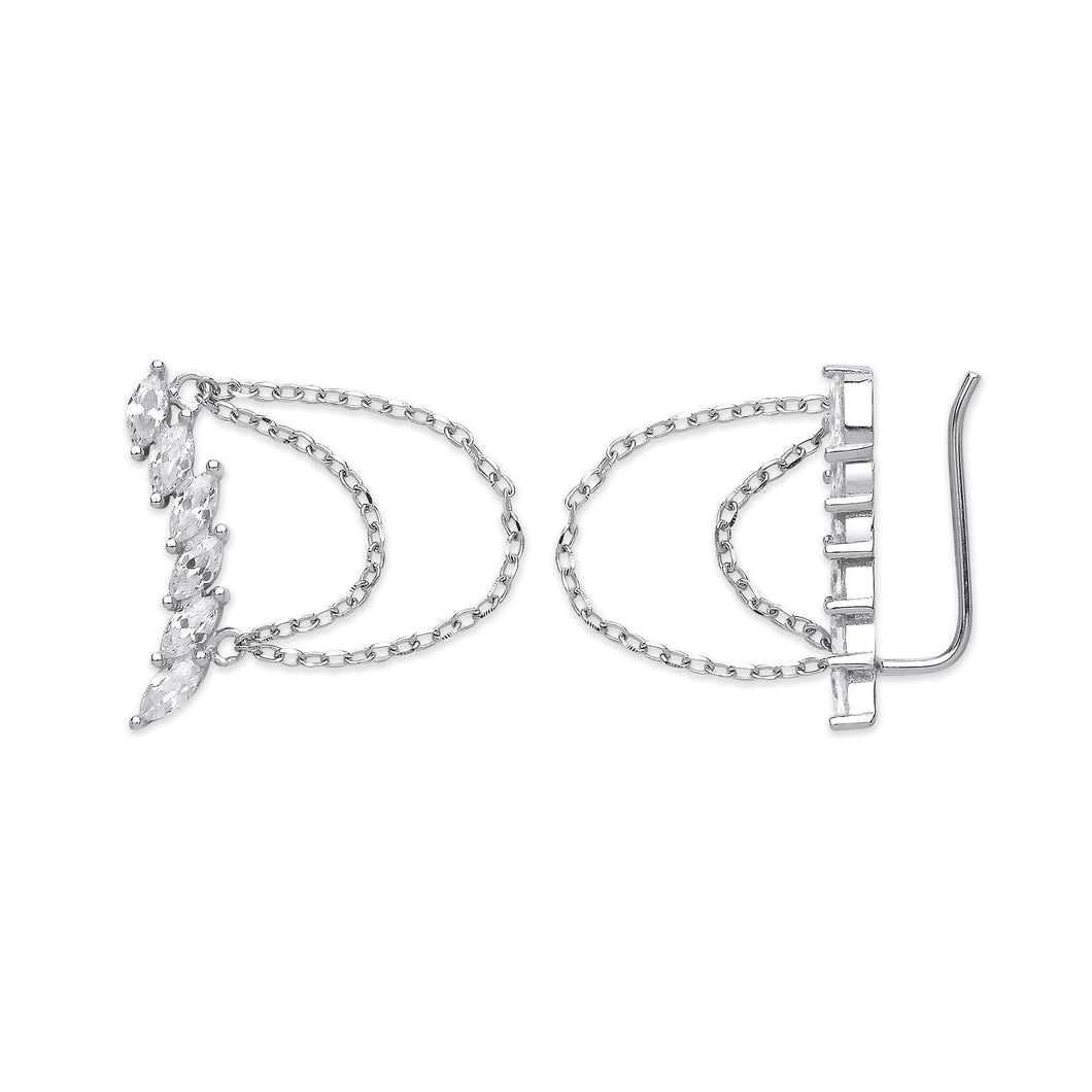 925 Sterling Silver Ear Trim Round Cubic Zirconia Wrap Climber Earrings With Chain