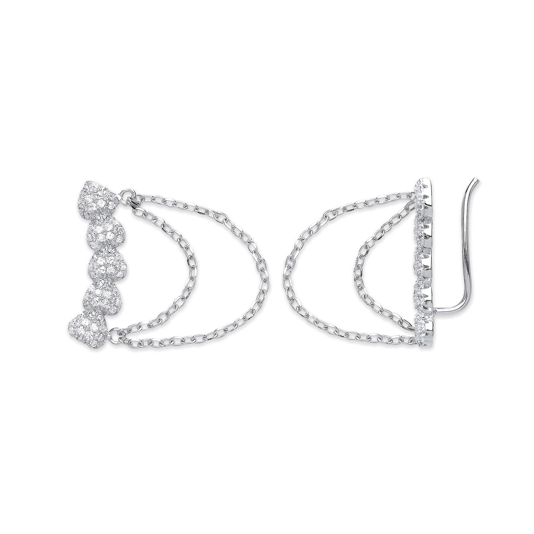 925 Sterling Silver Ear Trim Round Cubic Zirconia Heart Wrap Climber Earrings With Chain