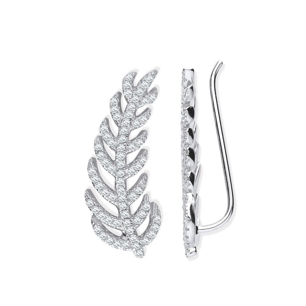 925 Sterling Silver Cubic Zirconia Barley Leaf Wrap Climber Earrings
