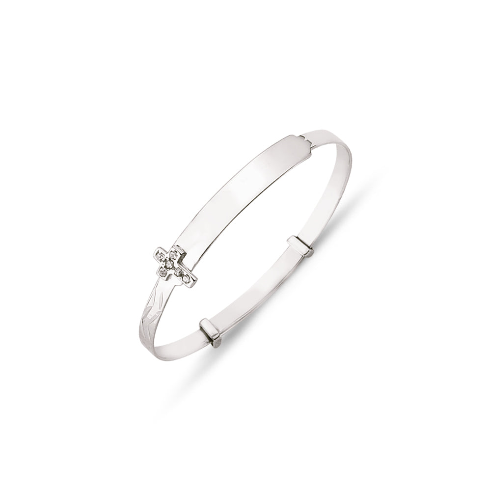 Baby 925 Sterling Silver Cubic Zirconia Cross Expandable ID Bangle