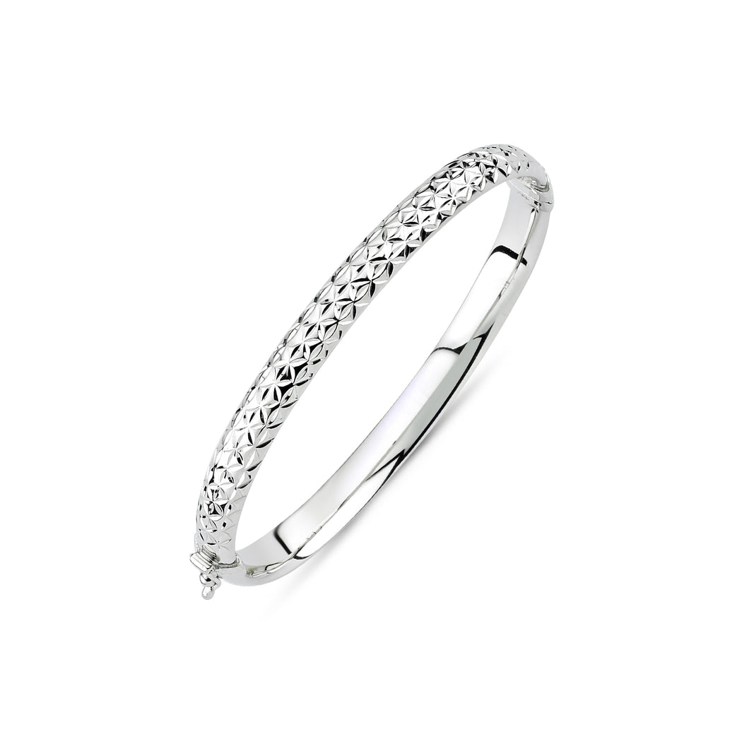 925 Sterling Silver Ladies D Shape Hollow Diamond Cut Hinged Bangle