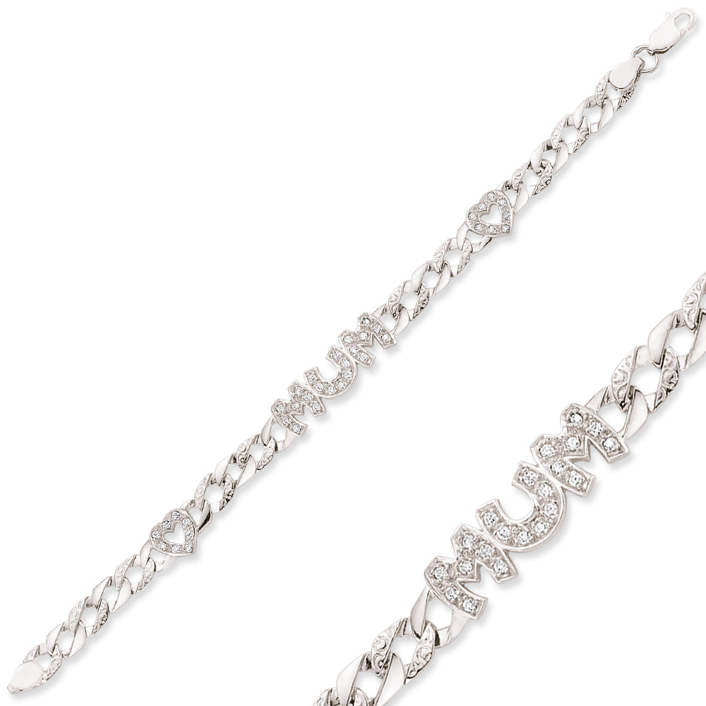 925 Sterling Silver Cubic Zirconia Mum Bracelet With Cubic Zirconia Open Hearts