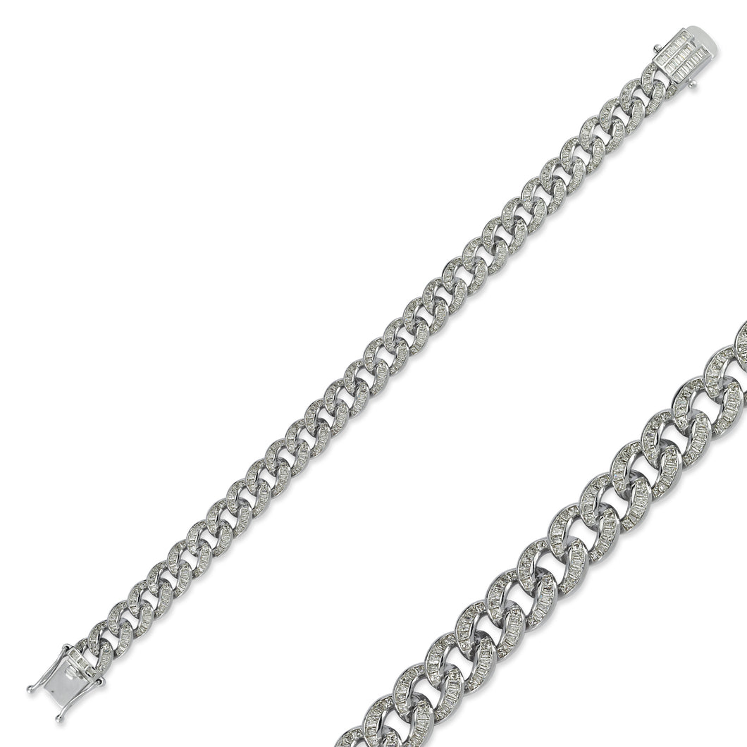 925 Sterling Silver Gents Wide Cuban Link Bracelet With Baguette Cubic Zirconia