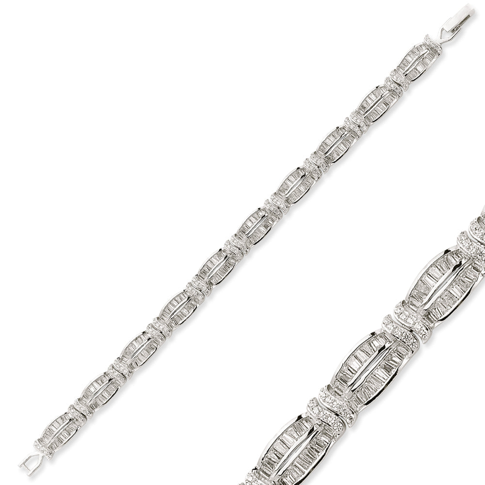 925 Sterling Silver Ladies Fancy Cubic Zirconia Baguette And Round Stone Bracelet