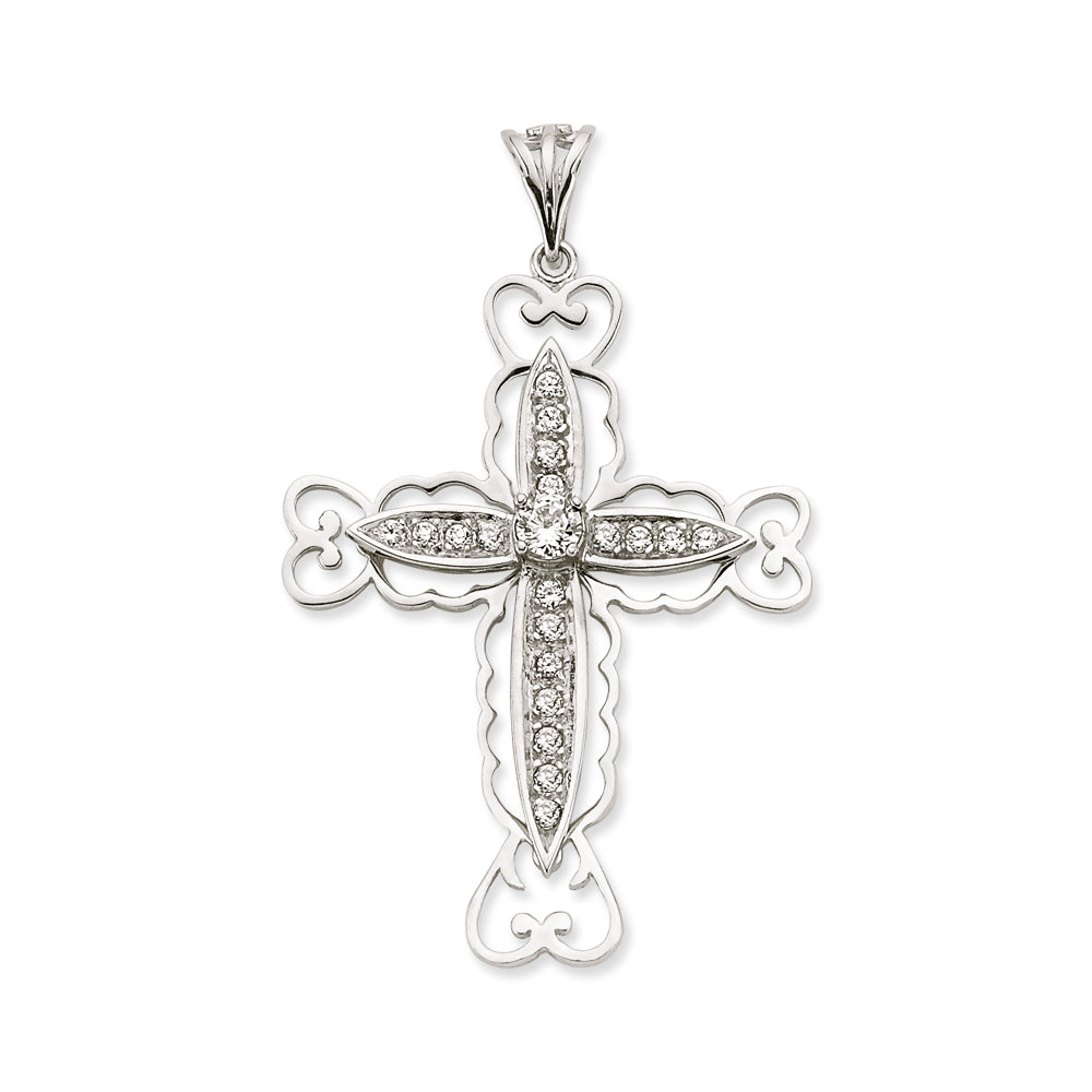 925 Sterling Silver Large Cubic Zirconia Fancy Cross Pendant