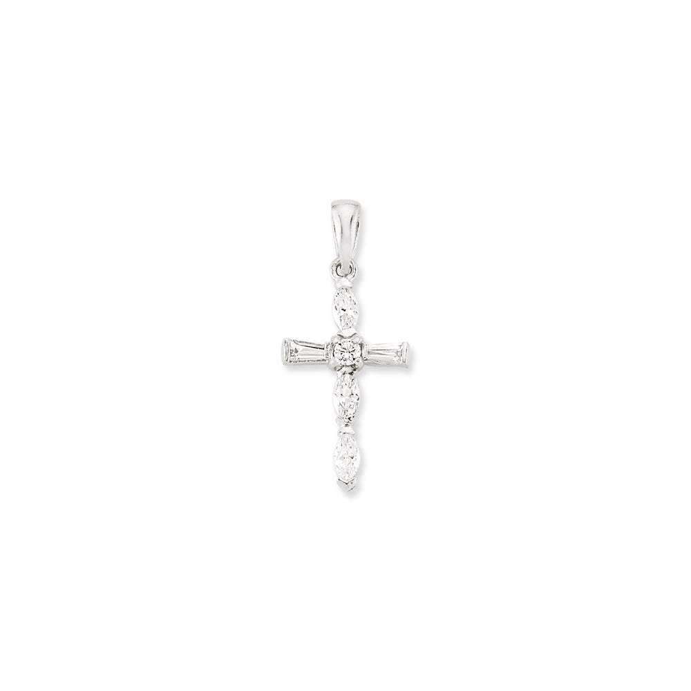 925 Sterling Silver Baguette & Marquise Cubic Zirconia Cross Pendant
