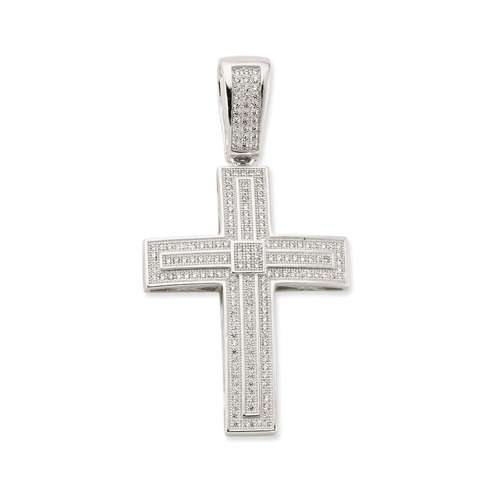 925 Sterling Silver Large Cubic Zirconia Pave Set Cross Pendant