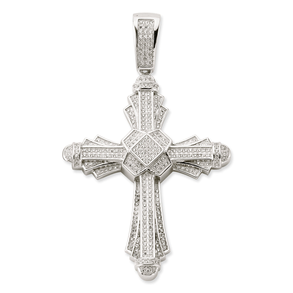 925 Sterling Silver Large Pave Set Byzantine Style Cubic Zirconia Cross Pendant
