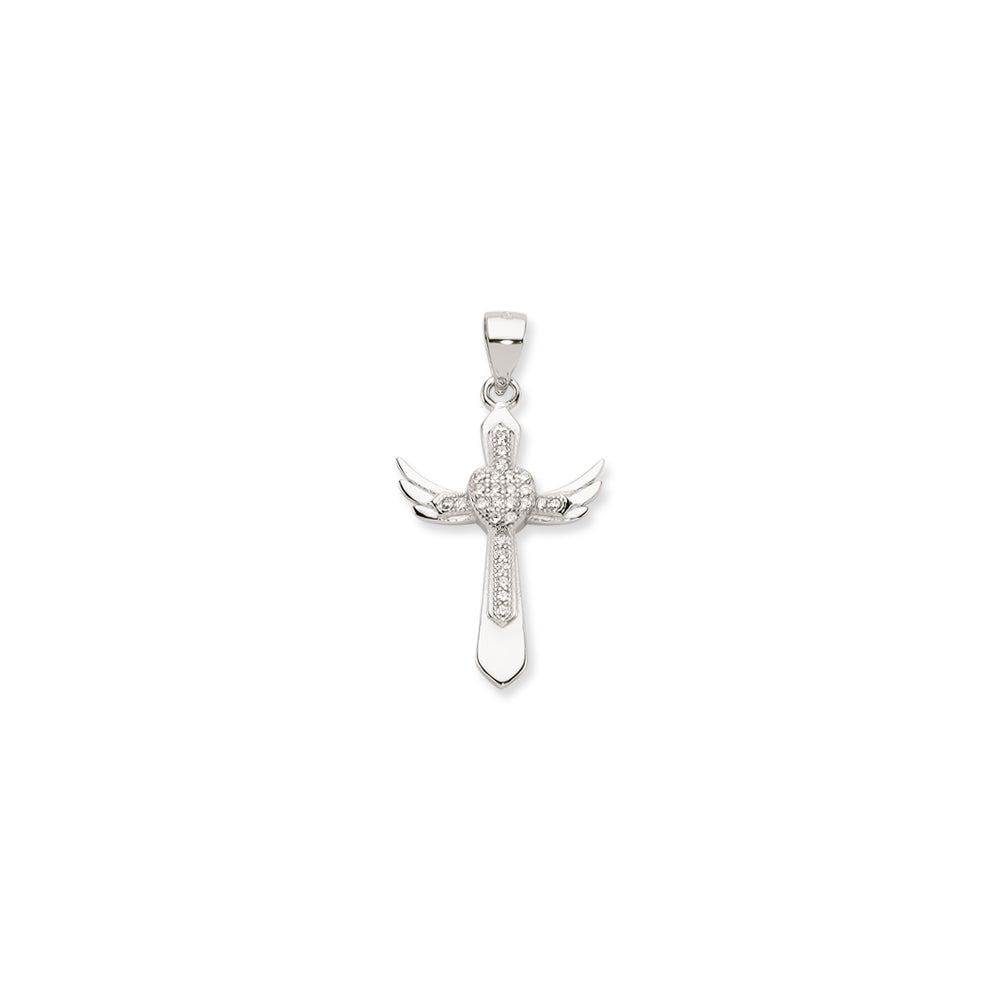 925 Sterling Silver Heart & Wing Cubic Zirconia Cross Pendant