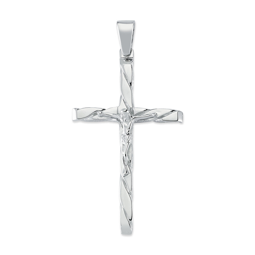 925 Sterling Silver Large Solid Flat Twisted Crucifix Pendant