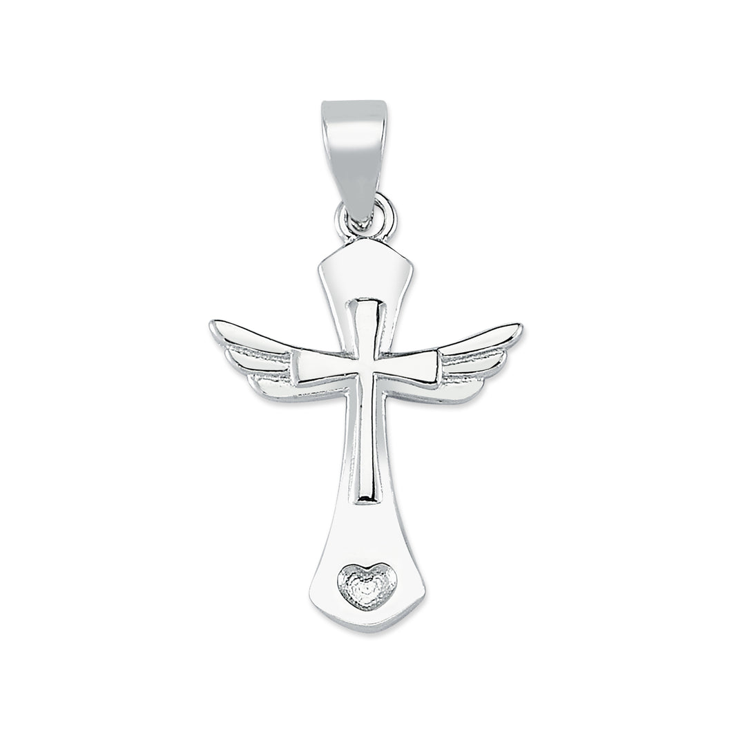 925 Sterling Silver Plain Heart & Wing Cross Pendant