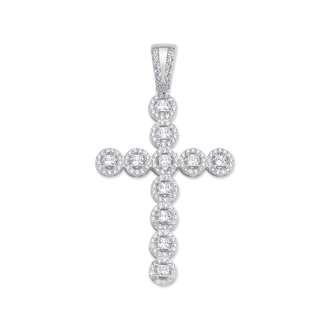 925 Sterling Silver Cubic Zirconia Halo Style Fancy Cross Pendant