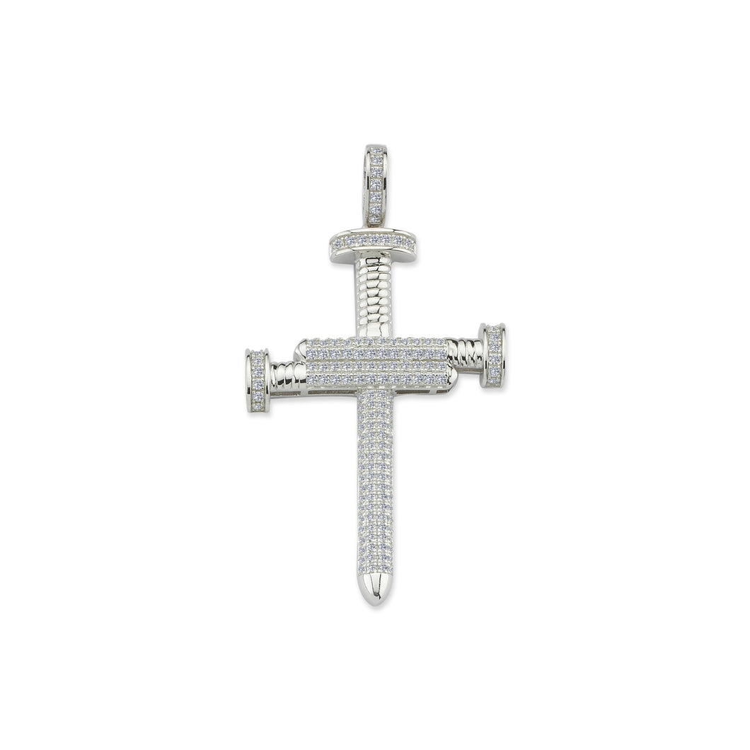 925 Sterling Silver Cubic Zirconia Pave Set Nail Design Cross Pendant