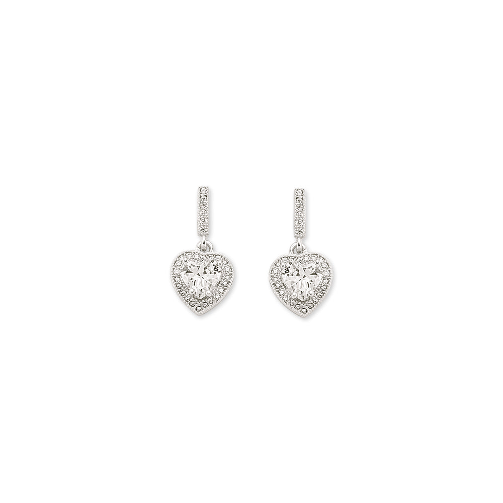 925 Sterling Silver Cubic Zirconia Heart With Halo Drop Earrings