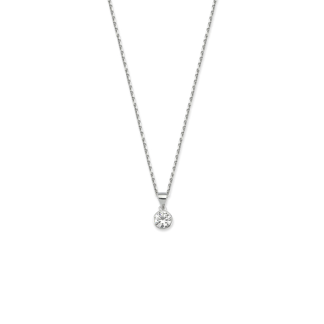 925 Sterling Silver Single Round 6mm Rub Over Cubic Zirconia Pendant And Necklace