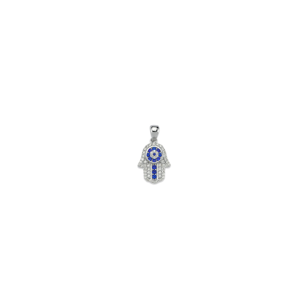925 Sterling Silver Cubic Zirconia Hand Of Hamsa / Fatimas Hand With Evil Eye Pendant
