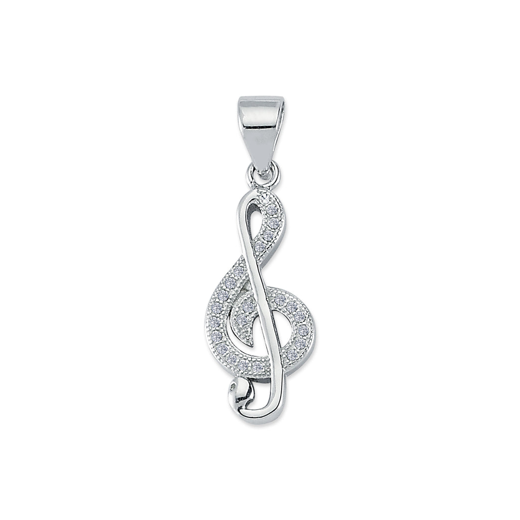 925 Sterling Silver Treble Clef Music Note Cubic Zirconia Pendant