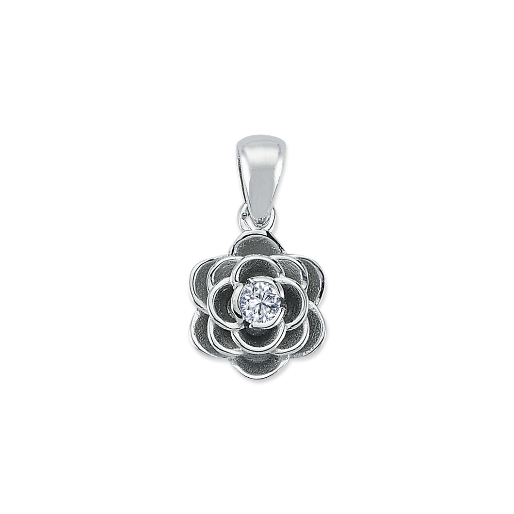 925 Sterling Silver Rose / Flower  Pendant / Charm With Single Cubic Zirconia