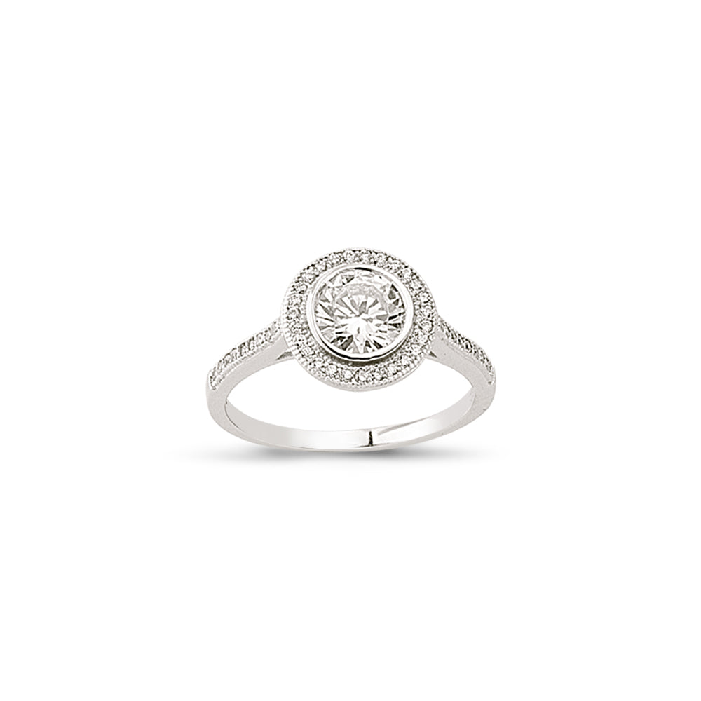 925 Sterling Silver Ladies Rub Over Round Cubic Zirconia Ring With Halo & Round Cubic Zirconia Shoulders
