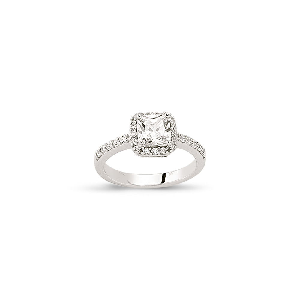 925 Sterling Silver Ladies Single Square Cubic Zirconia With Halo & Round Cubic Zirconia Shoulders Ring