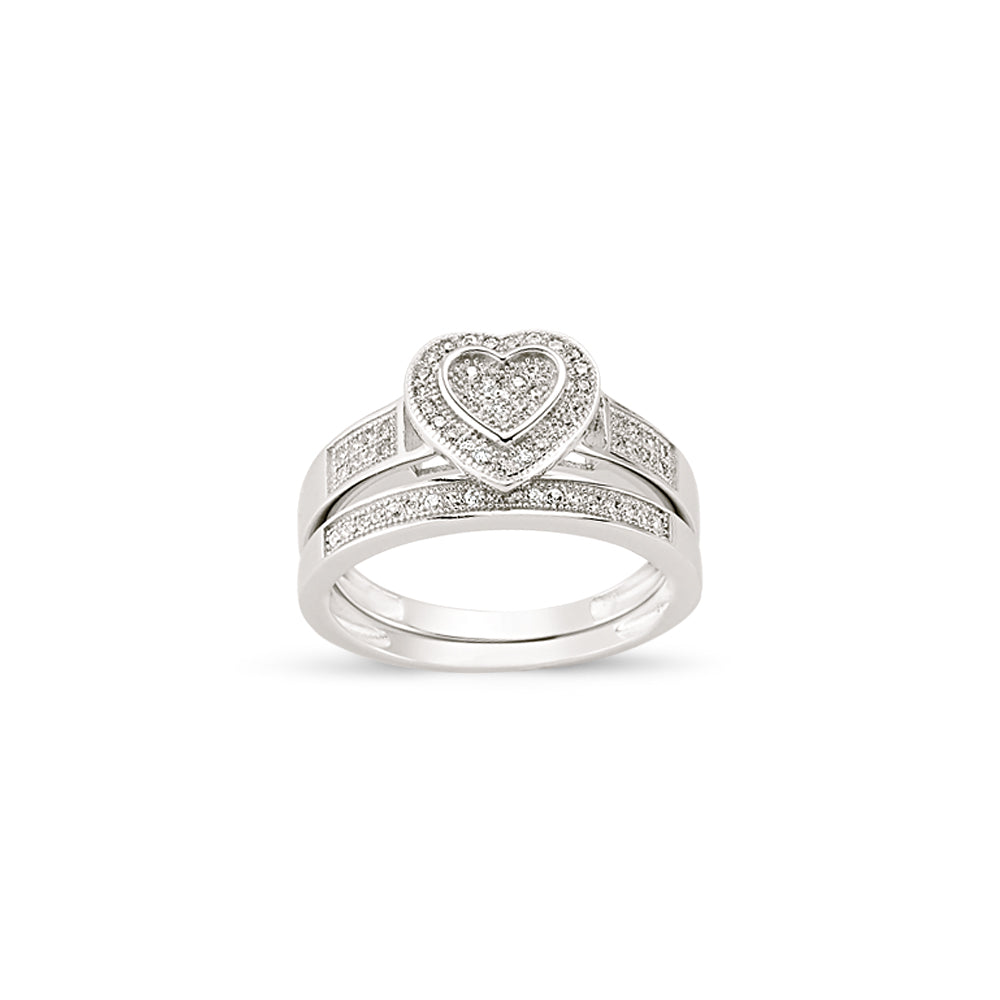 925 Sterling Silver Ladies Heart Cubic Zirconia Ring With Cubic Zirconia Shoulders 2 Ring Set