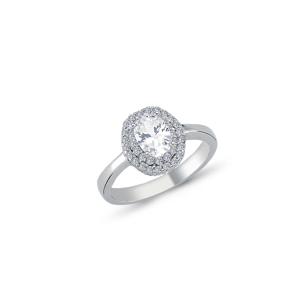925 Sterling Silver Ladies Single Oval Cubic Zirconia With Double Halo & Plain Shoulders Ring