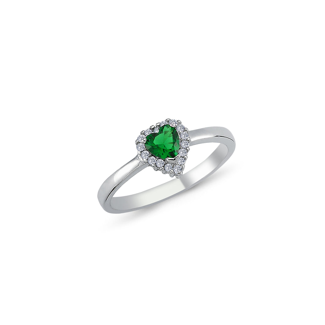 925 Sterling Silver Ladies Single Created Emerald Cubic Zirconia With Halo
