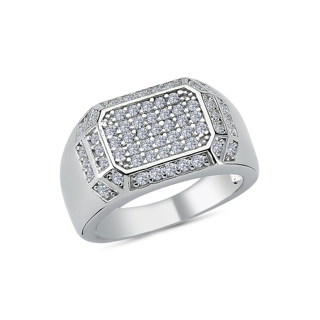 925 Sterling Silver Gents Pave Set Cubic Zirconia Rounded Edge Rectangle Design Ring
