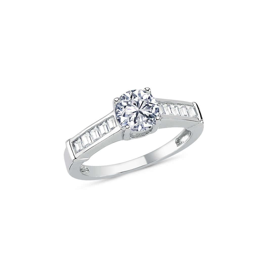 925 Sterling Silver Ladies Round Cubic Zirconia Ring With Baguette Cubic Zirconia Shoulders