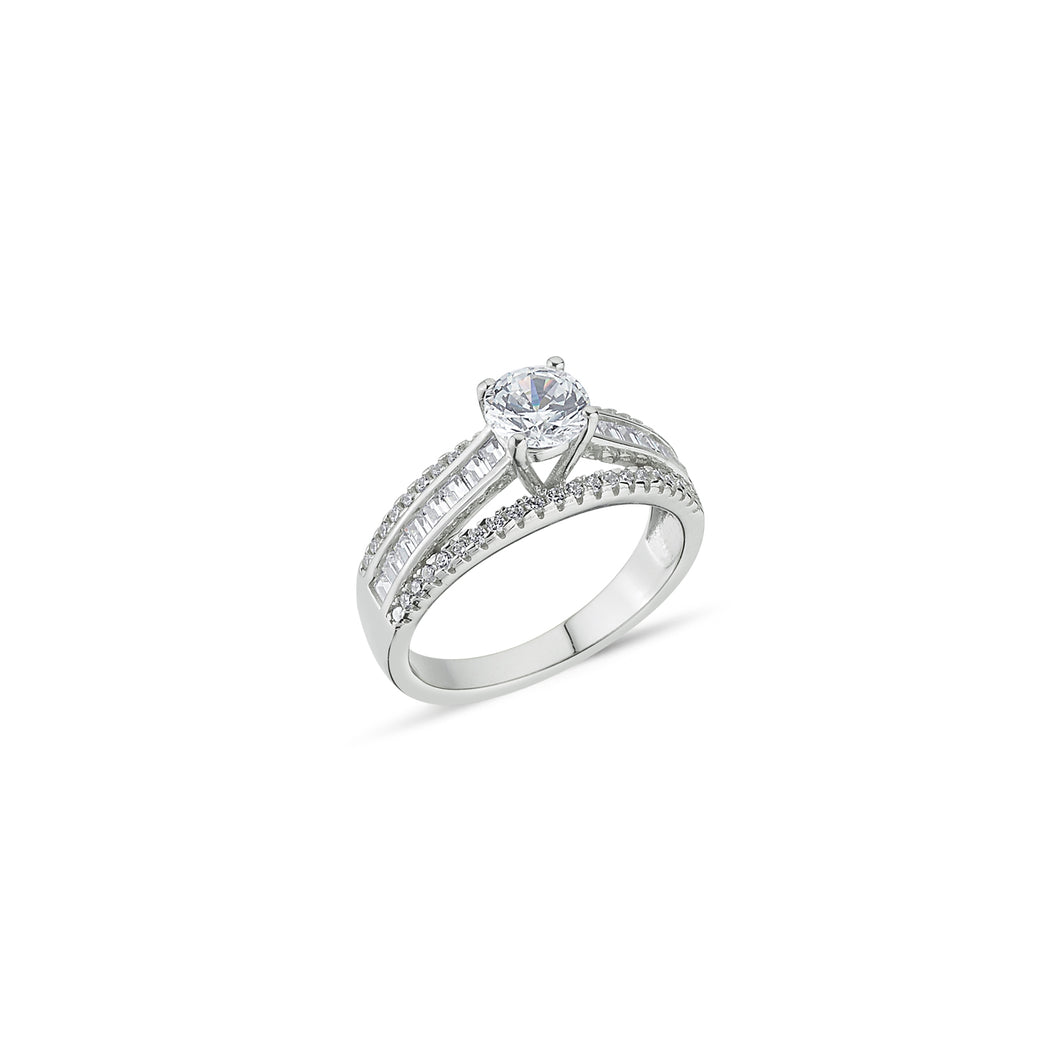 925 Sterling Silver Ladies Single Stone Cubic Zirconia Ring With Baguette & Round Cubic Zirconia