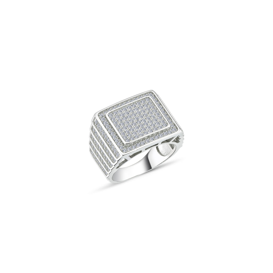 925 Sterling Silver Gents Pave Set Cubic Zirconia Square Design Ring
