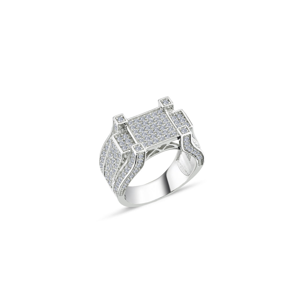 925 Sterling Silver Gents Pave Set Cubic Zirconia Square Raised Level Design Ring