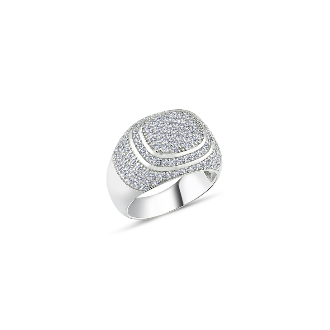 925 Sterling Silver Gents Pave Set Cubic Zirconia  Rounded Edge Square Design Ring