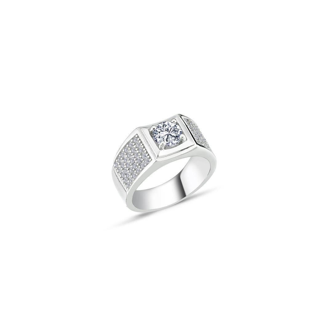 925 Sterling Silver Gents Pave Set Single Stone Cubic Zirconia Ring