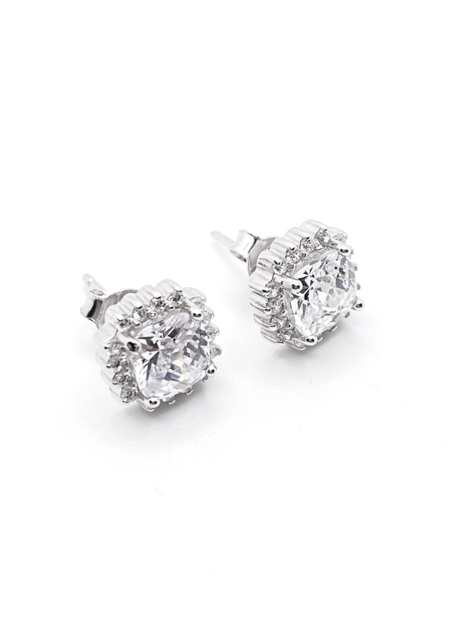 925 Sterling Silver Square Cubic Zirconia With Halo Stud Earrings