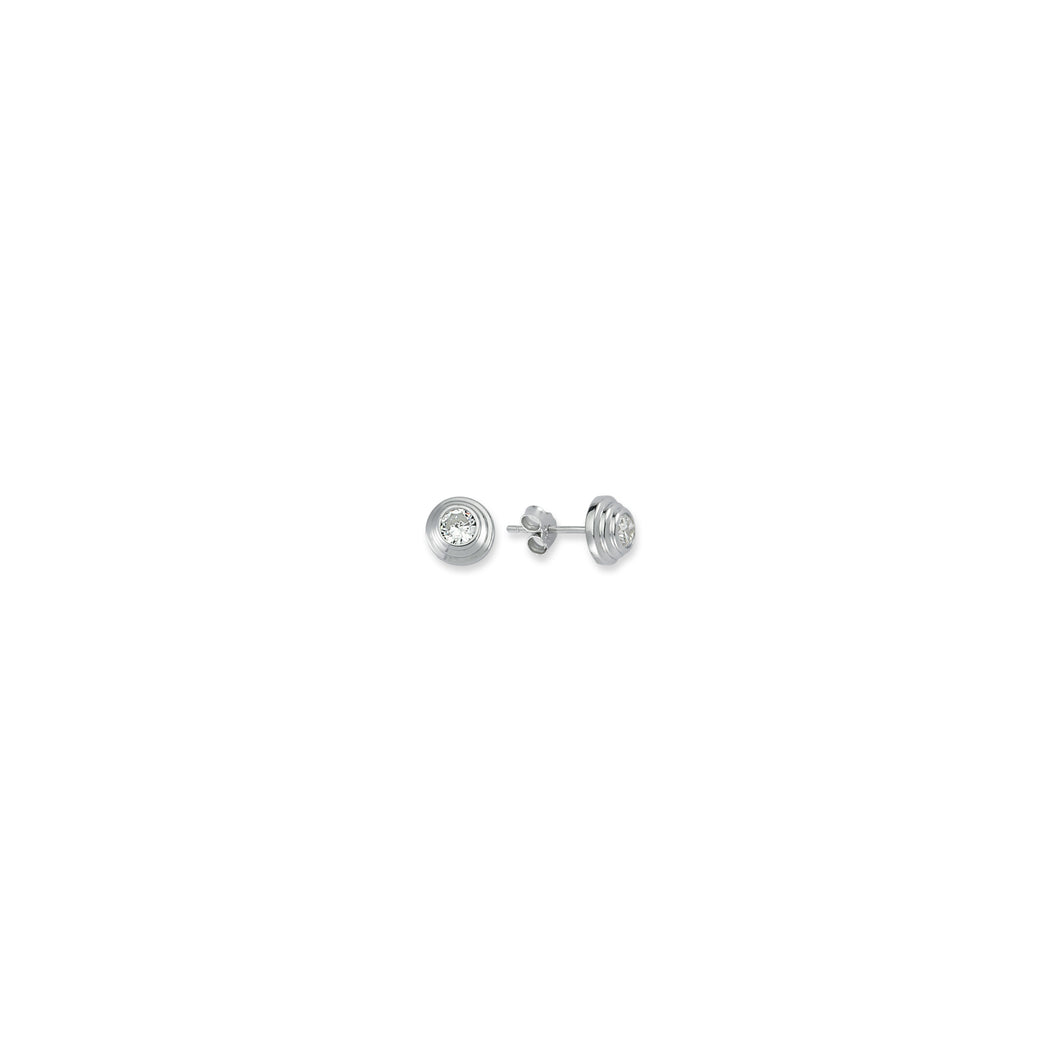 925 Sterling Silver 4mm 3 Tier Rub Over Round Clear Cubic Zirconia Stud Earrings