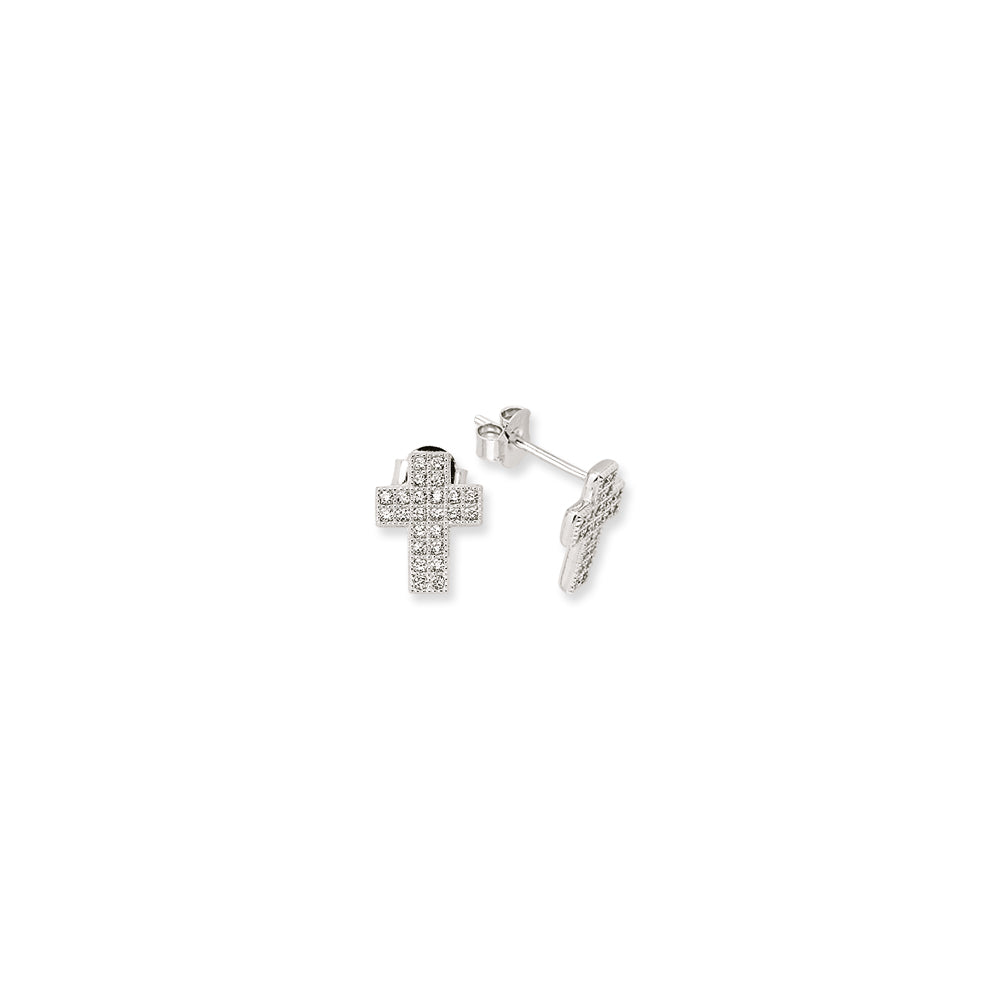 925 Sterling Silver Cubic Zirconia Pave Set Cross Stud Earrings