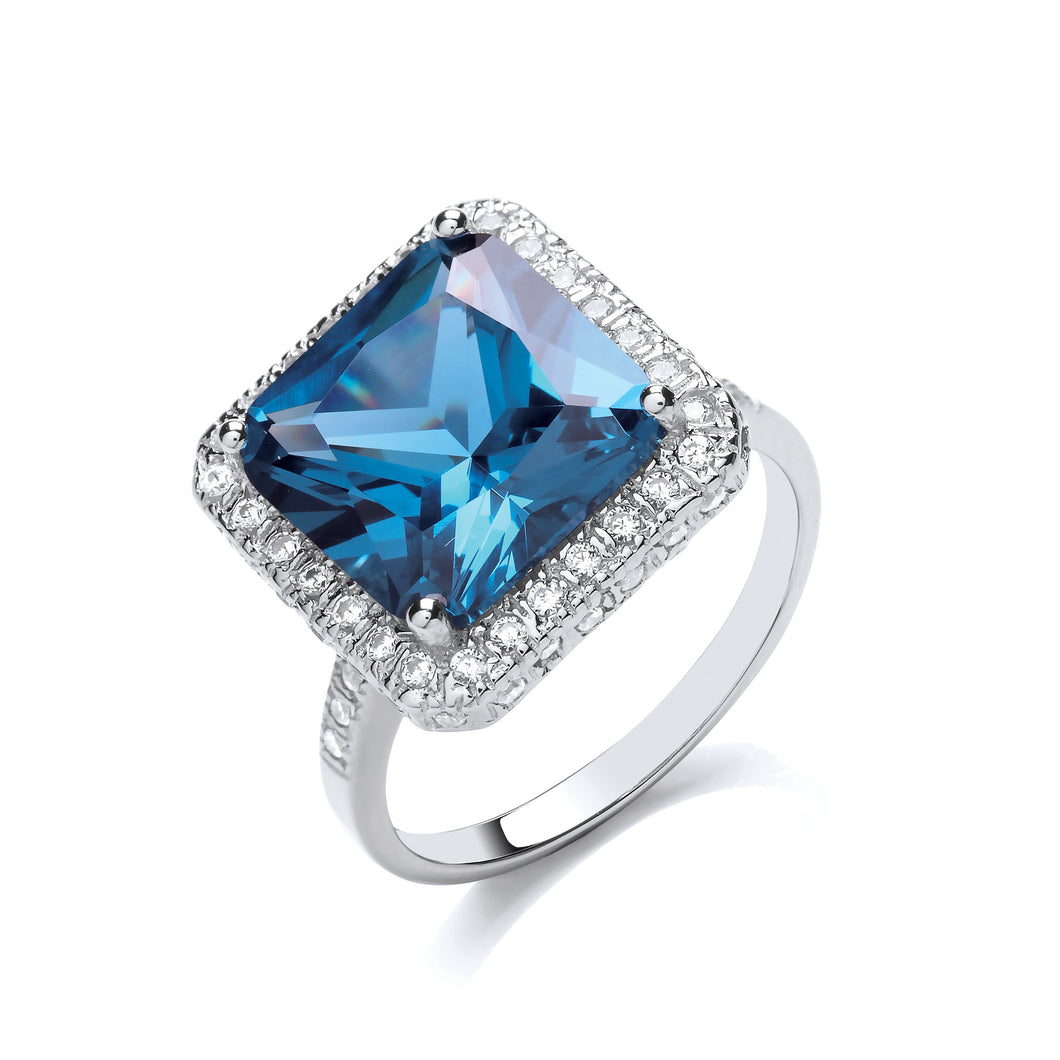 925 Sterling Silver Ladies Square Blue Cubic Zirconia Halo Ring With Single Row Cubic Zirconia Shoulders