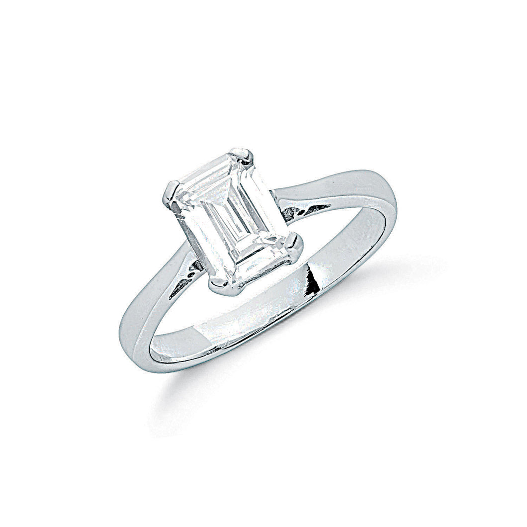 925 Sterling Silver Ladies Claw Set Emerald Cut Solitaire Cubic Zirconia Ring