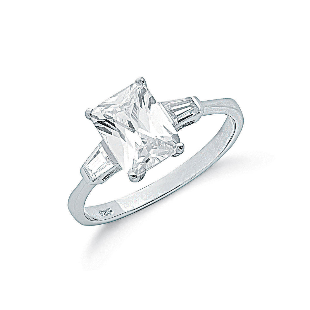 925 Sterling Silver Ladies Claw Set Emerald Cut Solitaire Cubic Zirconia Ring With Cubic Zirconia On Shoulders
