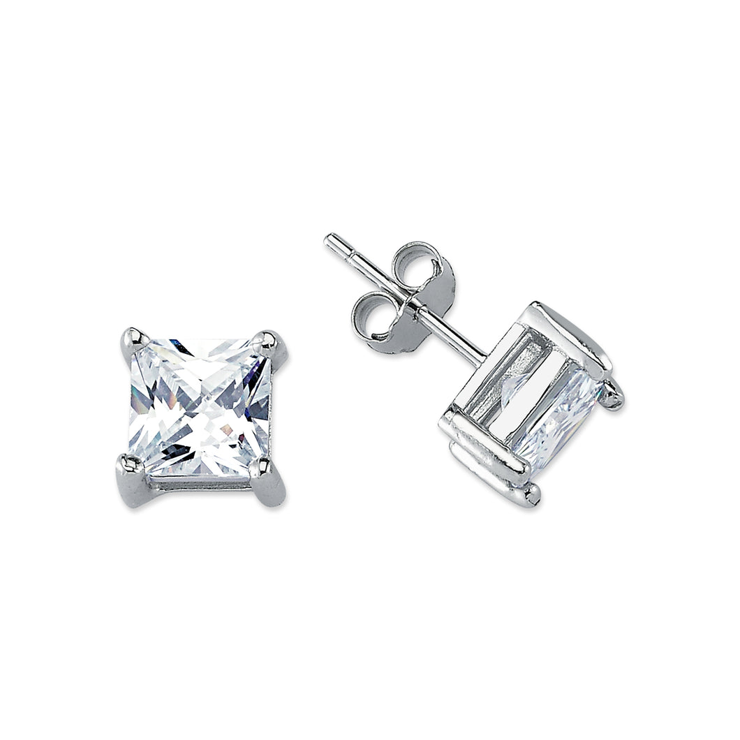 925 Sterling Silver 7mm Square Clear Cubic Zirconia Stud Earrings