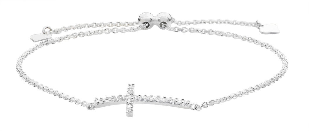 925 Sterling Silver Ladies Cubic Zirconia Cross Adjustable Bracelet