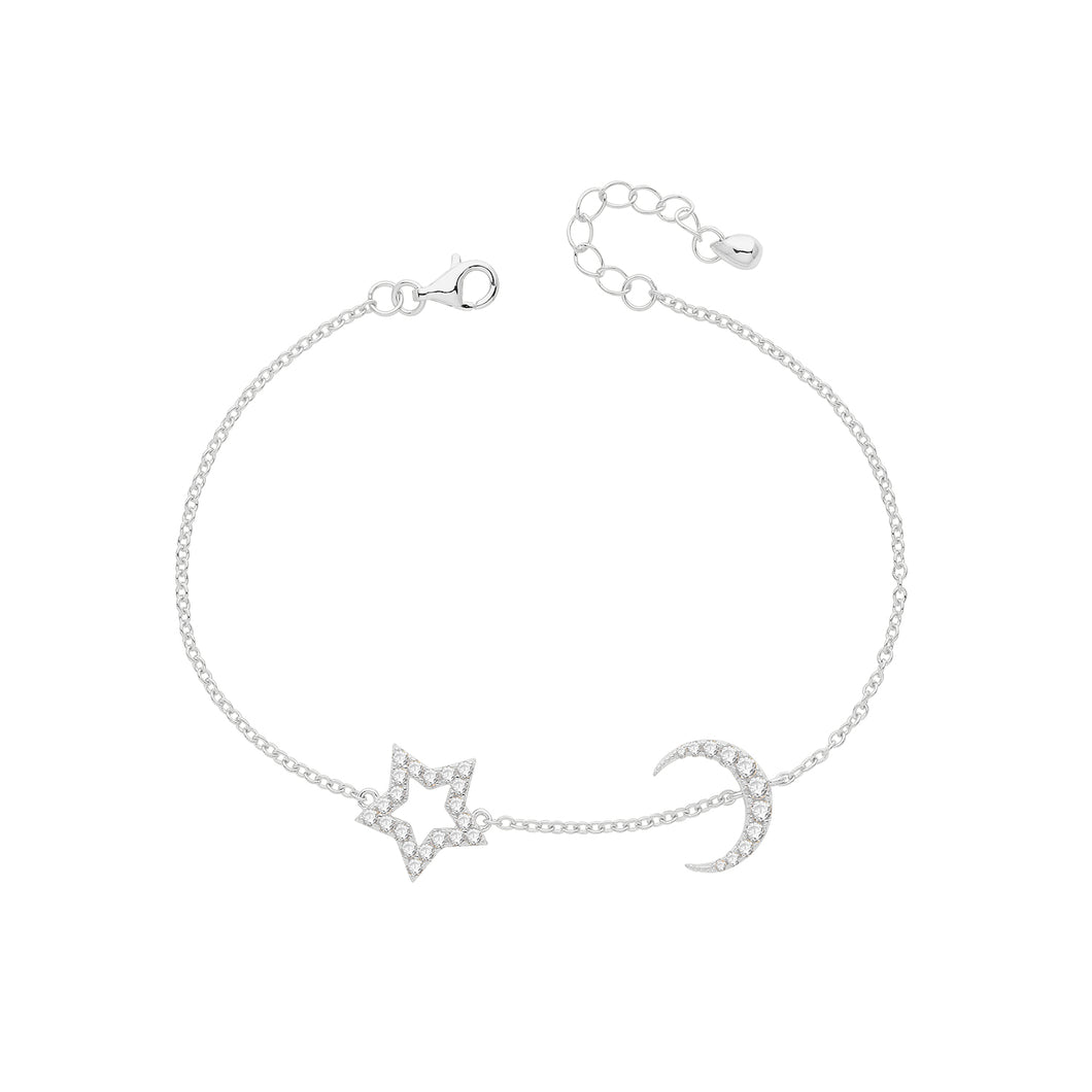 925 Sterling Silver Ladies Cubic Zirconia Star & Moon Bracelet