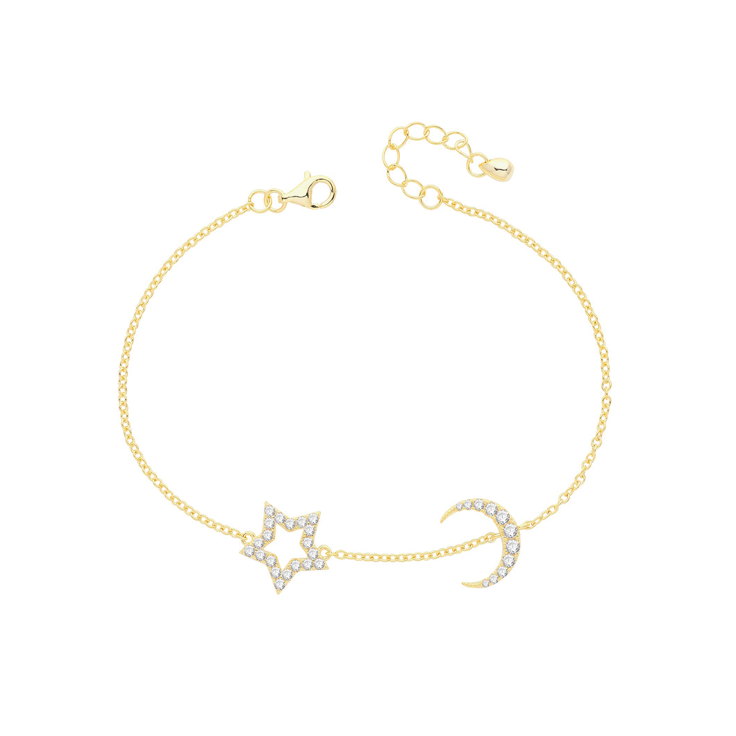 925 Sterling Silver Gold Plated Ladies Cubic Zirconia Star & Moon Bracelet