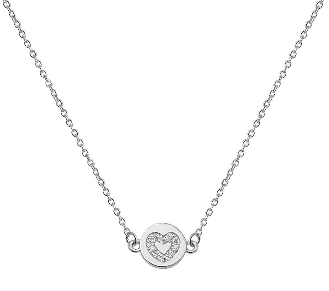 925 Sterling Silver Fine Necklace With Cubic Zirconia Open Heart On Round Disc