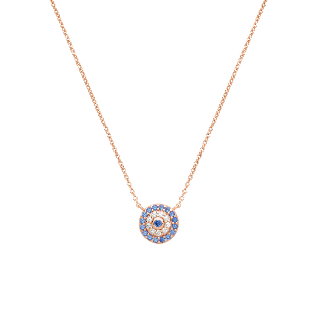925 Sterling Silver Rose Gold Plated Cubic Zirconia & Sapphire 'Evil Eye' Necklace And Pendant